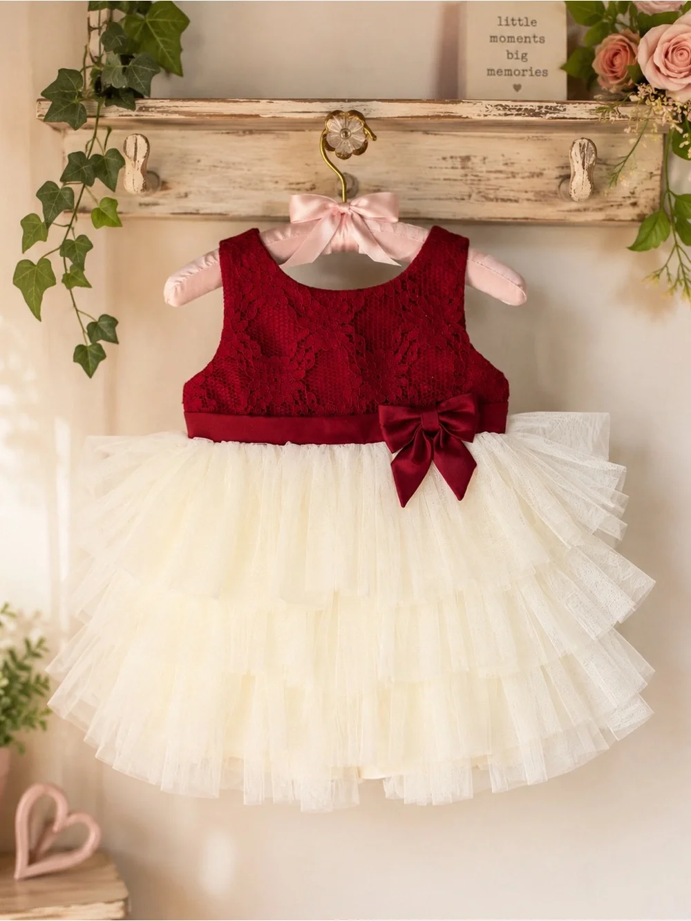 American Princess Burgundy Ivory Tulle Flower Girl Dress 24M Holiday Wedding